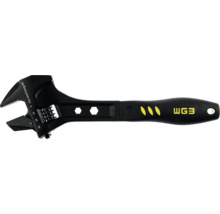 Cheie reglabilă neagră cu mâner ergonomic, scală milimetrică și orificiu de agățare.