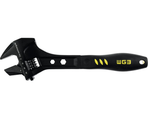 Cheie reglabilă neagră cu mâner ergonomic, scală milimetrică și orificiu de agățare.