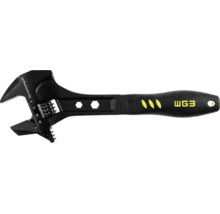 Cheie reglabilă neagră cu mâner ergonomic, scală de măsurare pe cap și logoul WG3.