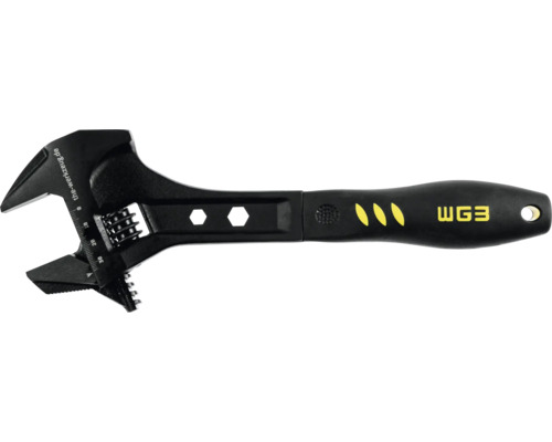 Cheie reglabilă neagră cu mâner ergonomic, scală de măsurare pe cap și logoul WG3.