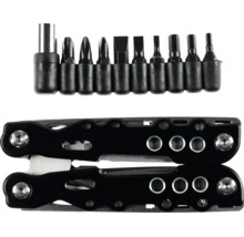Unealtă multifuncțională neagră, inclusiv set de nouă biți și adaptor.