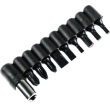Set de 11 biți cu suport magnetic și diverse capete pentru șuruburi în cruce, late, hexagonale și torx.