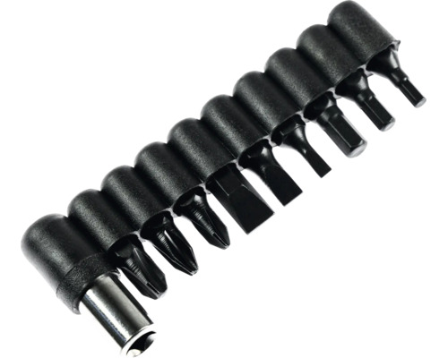 Set de 11 biți cu suport magnetic și diverse capete pentru șuruburi în cruce, late, hexagonale și torx.