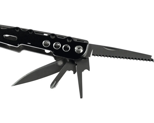 Instrument multifuncțional din metal cu diverse unelte desfășurate precum ferăstrău, lamă și șurubelniță în cruce.