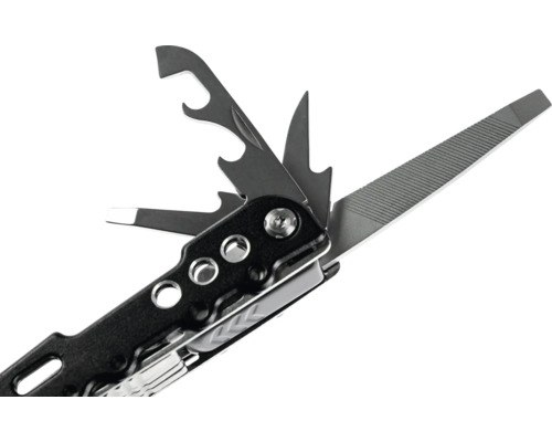Unealtă multifuncțională din metal cu pilă desfăcută, deschizător de sticle și alte accesorii.