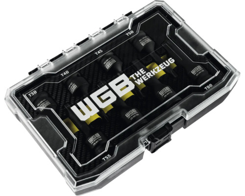 Set capete de șurubelniță cu impact Torx WGB, 8 piese, mărimi T30 până la T80, antrenare 1/2 inch, oțel crom-molibden în cutie de plastic.