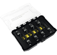 Set de biți pentru mașini de înșurubat cu impact WGB Torx, 8 piese, mărimi de la T30 la T80, din oțel crom-molibden în cutie de plastic neagră.