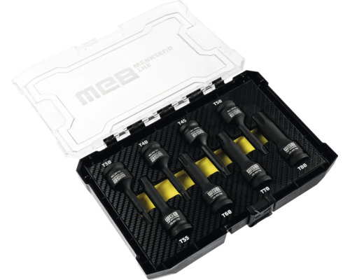 Set de biți pentru mașini de înșurubat cu impact WGB Torx, 8 piese, mărimi de la T30 la T80, din oțel crom-molibden în cutie de plastic neagră.