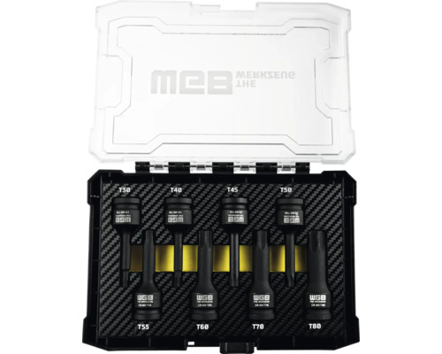 Set de capete de șurubelniță Torx WGB, 8 piese, mărimi de la T30 la T80, din oțel crom-molibden, în casetă de plastic.