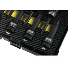 Capete de chei tubulare cu impact Torx WGB T60, T70 și T80 din oțel crom-molibden într-o inserție pentru scule.