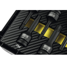 Set de biți de impact Torx WGB din oțel crom-molibden negru într-o inserție de spumă cu model de carbon.