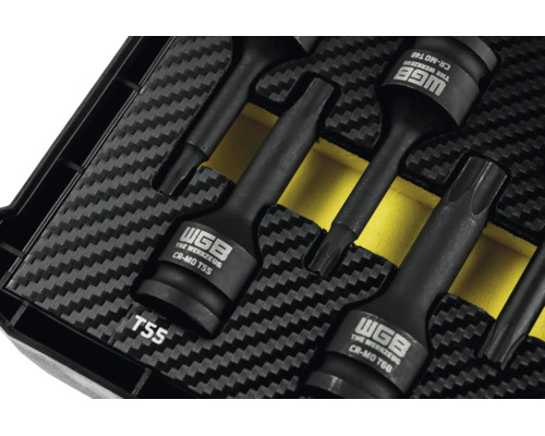Set de biți de impact Torx WGB din oțel crom-molibden negru într-o inserție de spumă cu model de carbon.