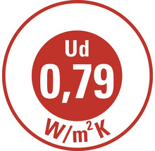 Valoare Ud de 0,79 Watt pe metru pătrat Kelvin pentru coeficientul de transfer termic al unei uși.