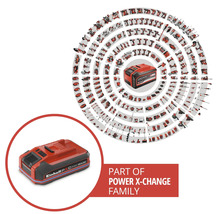 Acumulator Einhell ca parte a familiei Power X Change înconjurat de o multitudine de scule electrice și unelte de grădină compatibile