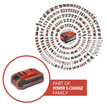 Acumulator Einhell cu inscripția Einhell Power X-Change înconjurat de numeroase unelte și echipamente de grădină compatibile