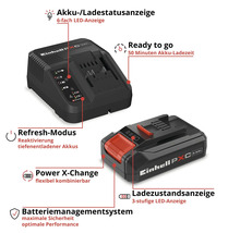 Acumulator Einhell Power X-Change 2,5 amperi-oră și încărcător cu timp de încărcare de 50 minute, mod de reîmprospătare și sistem de gestionare.