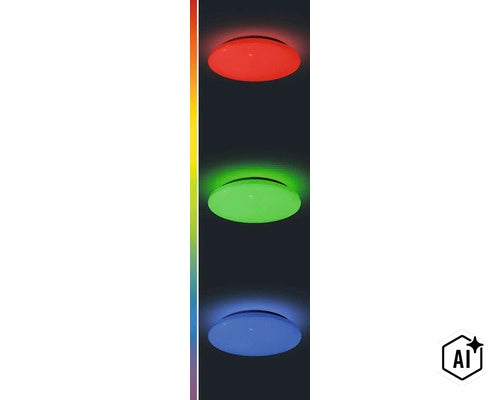 Plafoniera LED rotundă cu schimbare reglabilă a culorilor și iluminare de fundal. (Image AI modified or generated)