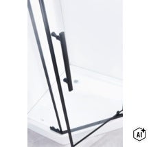 Cabină de duș cu duș pe colț, profiluri și mâner cu design minimalist pentru o amenajare modernă a băii. (Image AI modified or generated)