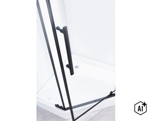 Cabină de duș cu duș pe colț, profiluri și mâner cu design minimalist pentru o amenajare modernă a băii. (Image AI modified or generated)