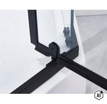 Vedere detaliată a unei balamale pentru cabină de duș cu profil de etanșare pe un panou de sticlă (Image AI modified or generated)