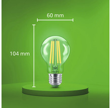 Bec LED cu filament Philips având diametrul de 60 milimetri și înălțimea totală de 104 milimetri.