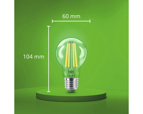 Bec LED cu filament Philips având diametrul de 60 milimetri și înălțimea totală de 104 milimetri.