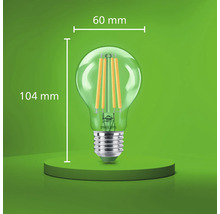 Bec LED cu filament Philips cu soclu E27, diametru de 60 milimetri și înălțime totală de 104 milimetri.