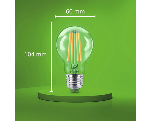 Bec LED cu filament Philips cu soclu E27, diametru de 60 milimetri și înălțime totală de 104 milimetri.
