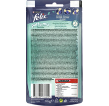 Recompense pentru pisici Felix Party Mix Seaside în pachet de 60 grame cu sortimente de pește precum somon, cod și păstrăv cu indicații de hrănire
