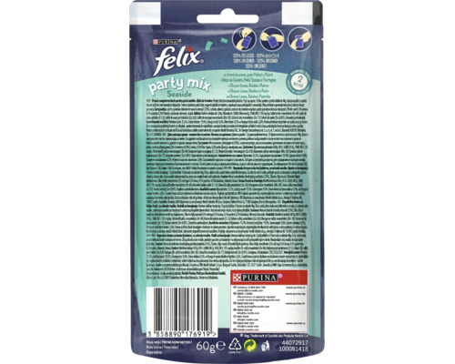 Recompense pentru pisici Felix Party Mix Seaside în pachet de 60 grame cu sortimente de pește precum somon, cod și păstrăv cu indicații de hrănire