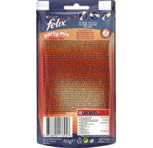 Partea din spate a unui ambalaj de recompense pentru pisici Purina Felix Party Mix Gratar Mix cu informații despre produs și ingrediente.