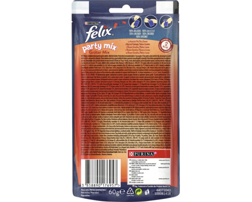 Partea din spate a unui ambalaj de recompense pentru pisici Purina Felix Party Mix Gratar Mix cu informații despre produs și ingrediente.