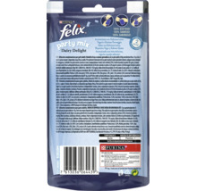 Gustări pentru pisici Felix Party Mix Dairy Delight în ambalaj cu informații despre produs și sigla companiei Purina.