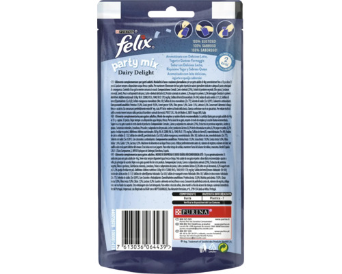 Gustări pentru pisici Felix Party Mix Dairy Delight în ambalaj cu informații despre produs și sigla companiei Purina.