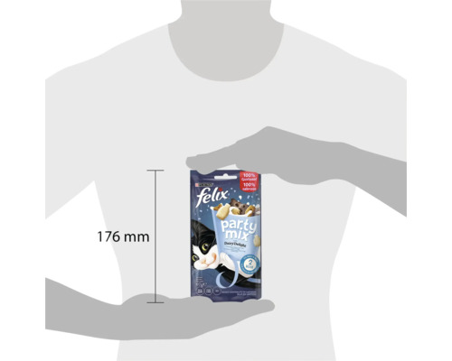 Gustări pentru pisici Felix Party Mix Dairy Delight în pachet de 60 grame cu o înălțime de 176 milimetri.