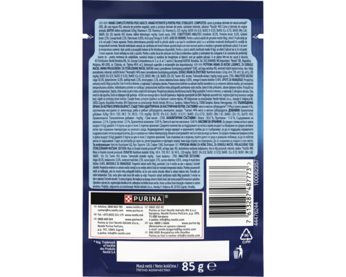 Partea din spate a ambalajului hranei pentru pisici Purina cu informații despre produs, ingrediente și cod de bare.