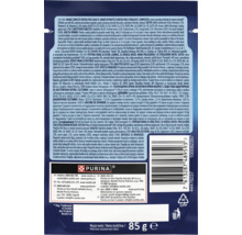 Hrana umeda Purina pentru pisici sterilizate, plic de 85 grame, cu informatii despre ingrediente, recomandari de hranire si contact.