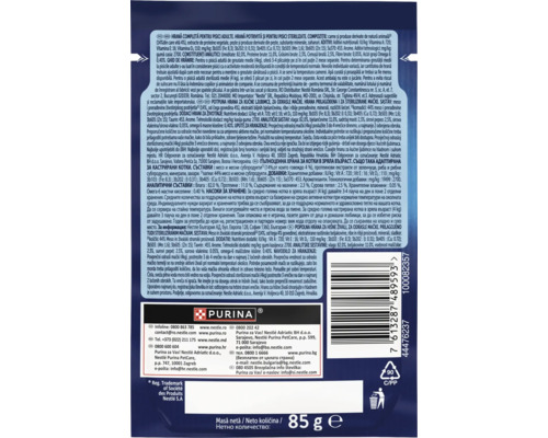 Hrana umeda Purina pentru pisici sterilizate, plic de 85 grame, cu informatii despre ingrediente, recomandari de hranire si contact.