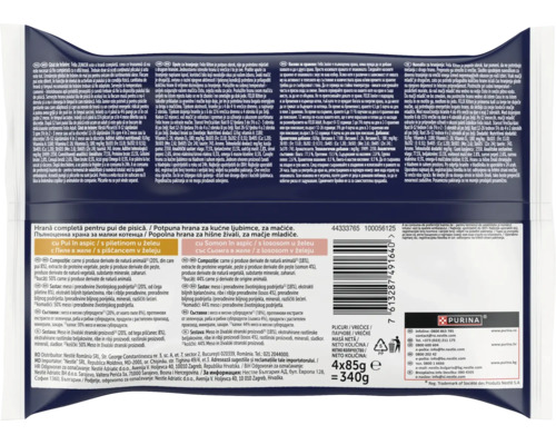 Verso-ul ambalajului pentru hrana de pisici Purina Felix Junior, incluzând ghid de hrănire și lista de ingrediente.