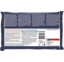 Pachet multiplu de hrană pentru pisici la pliculeț cu somon și păstrăv, incluzând recomandări de hrănire și ingrediente pe verso.