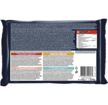 Partea din spate a unui multipack de hrană pentru pisici Purina cu informații despre ingrediente, recomandări de hrănire și cod de bare.
