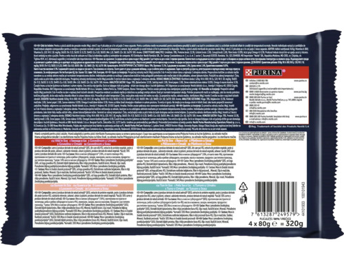Partea din spate a unui multipack de hrană pentru pisici Purina cu informații despre ingrediente, recomandări de hrănire și cod de bare.