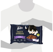 Un pachet de hrană pentru pisici Felix Tasty Shreds ținut în mâini