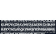 Text informativ de pe spatele ambalajului de hrană pentru animale cu specificații despre compoziție și recomandări de hrănire.