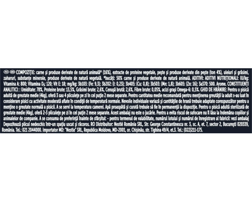Text informativ de pe spatele ambalajului de hrană pentru animale cu specificații despre compoziție și recomandări de hrănire.