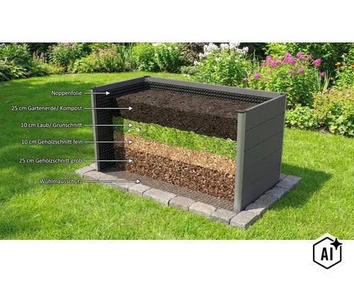 Un strat supraînălțat din plastic în grădină, care arată structura pe straturi de pământ, frunze, așchii fine și grosiere, folie cu noduri și plasă. (Image AI modified or generated)