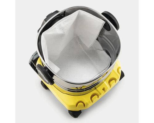 Aspirator multifunctional cu sac de filtrare din material netesut introdus in recipientul din otel inoxidabil privit de sus