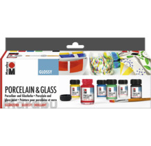 Set vopsele pentru porțelan și sticlă Marabu cu șase recipiente și o pensulă pentru finisaje lucioase pe porțelan sau sticlă.