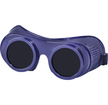 Ochelari de protecție pentru sudură cu lentile rotunde întunecate și ventilație laterală pentru siguranță în timpul sudării.