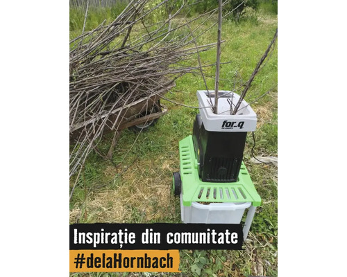 Un tocator de gradina electric For Q marunteste crengi intr-o gradina langa o roaba plina cu resturi vegetale.